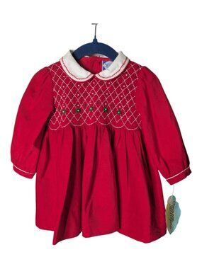 NWT Carriage Boutiques Vintage Red Baby Collared Dress Smocked Waist Size 6m